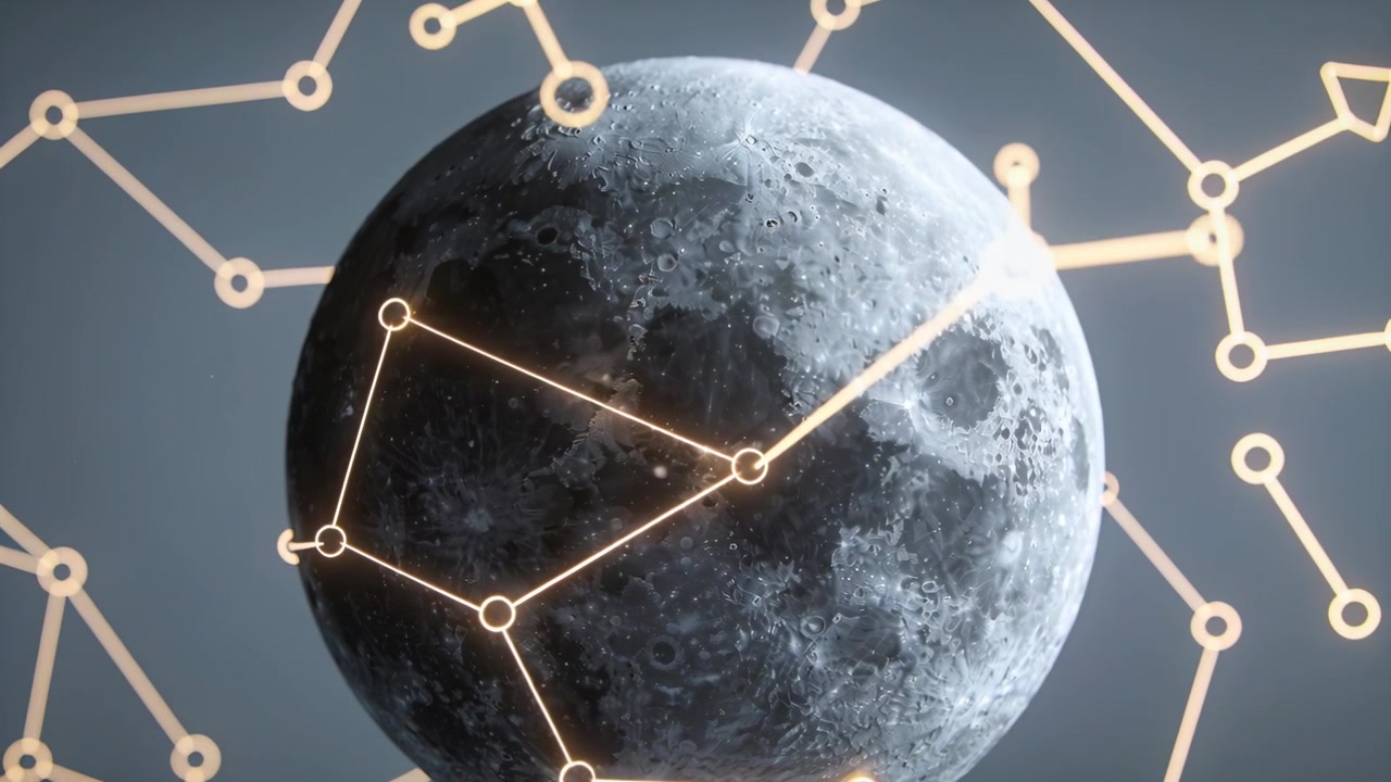 Animating network overlay sliding and rotating across close-up Moon on start, visualizing nodes