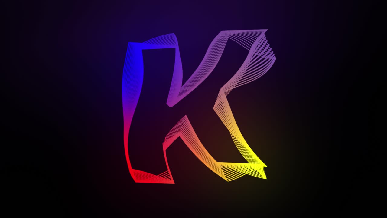 3D Letter K swirling lines animation on dark gradient background abstract dynamic motion graphics particle glow typography visual effect rainbow digital alphabet