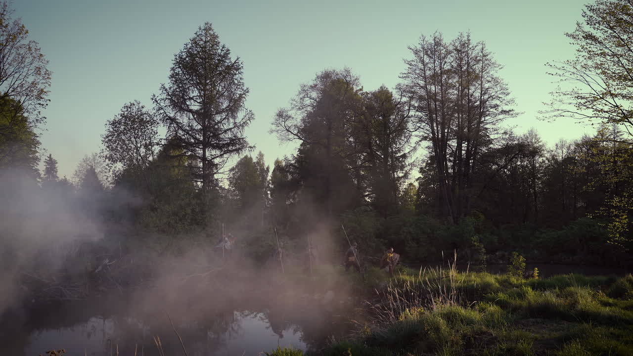 Warriors Crossing a River in a Forest