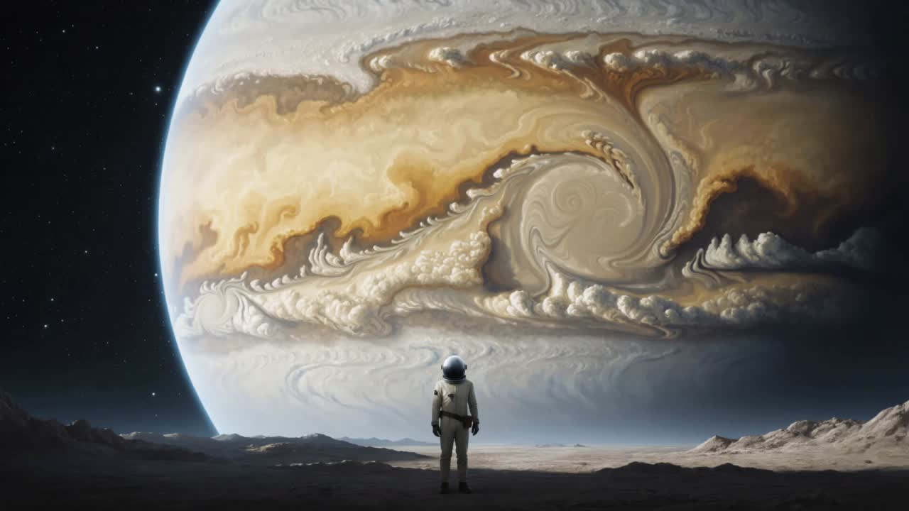 Standing astronaut in suit watching gas giant as vortex shifting on plain, with helmet and pack