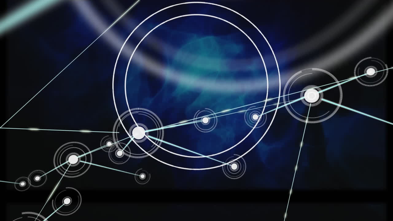 Animation of circles over dots connected with lines against smoke on black background