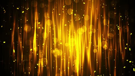 falling shiny golden confetti. bright festive tinsel of gold color. bokeh lights on black background. shining waves design. loop animation. copy space for text.