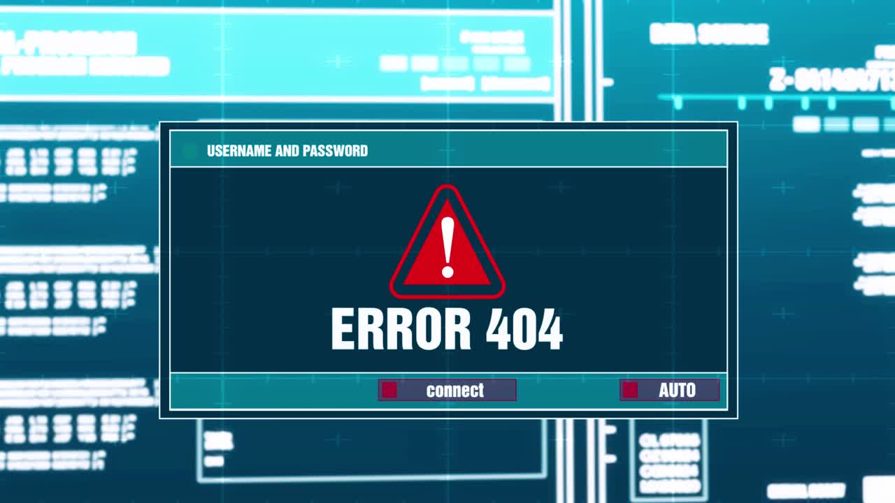Error 404 warning notification generated on digital system security alert error message on computer