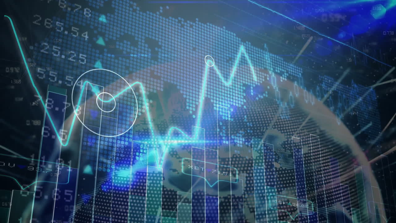 Financial dashboard being animated in flat design, showing neon line graphs, bar charts, dotted map
