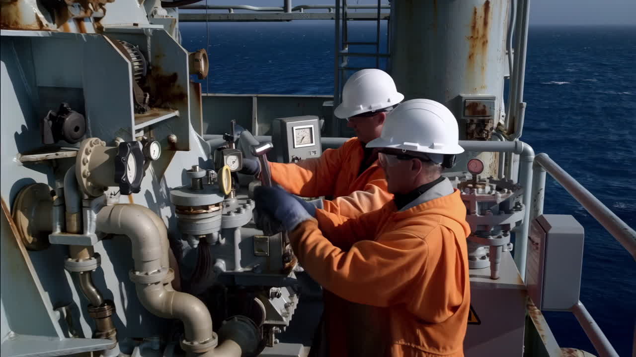 Maritime workers operating machinery on an offshore vessel