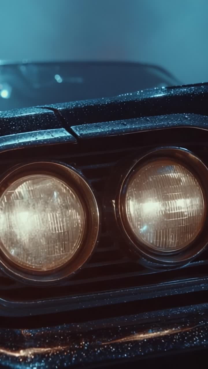 Fesselnde Nahaufnahme eines Oldtimers, die seine markanten Scheinwerfer und die glänzende Lackierung hervorhebt und ein Gefühl von Nostalgie und zeitloser Schönheit im Automobildesign hervorruft