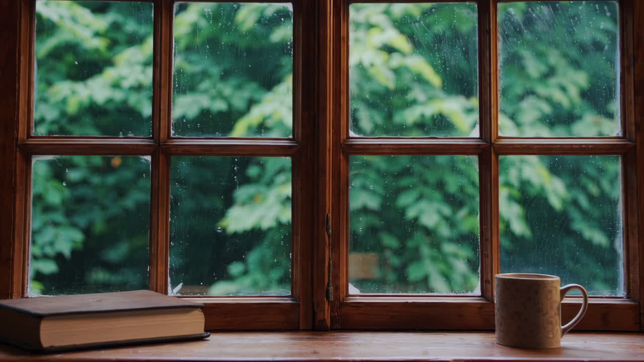 Cozy Window View with Book and Cup