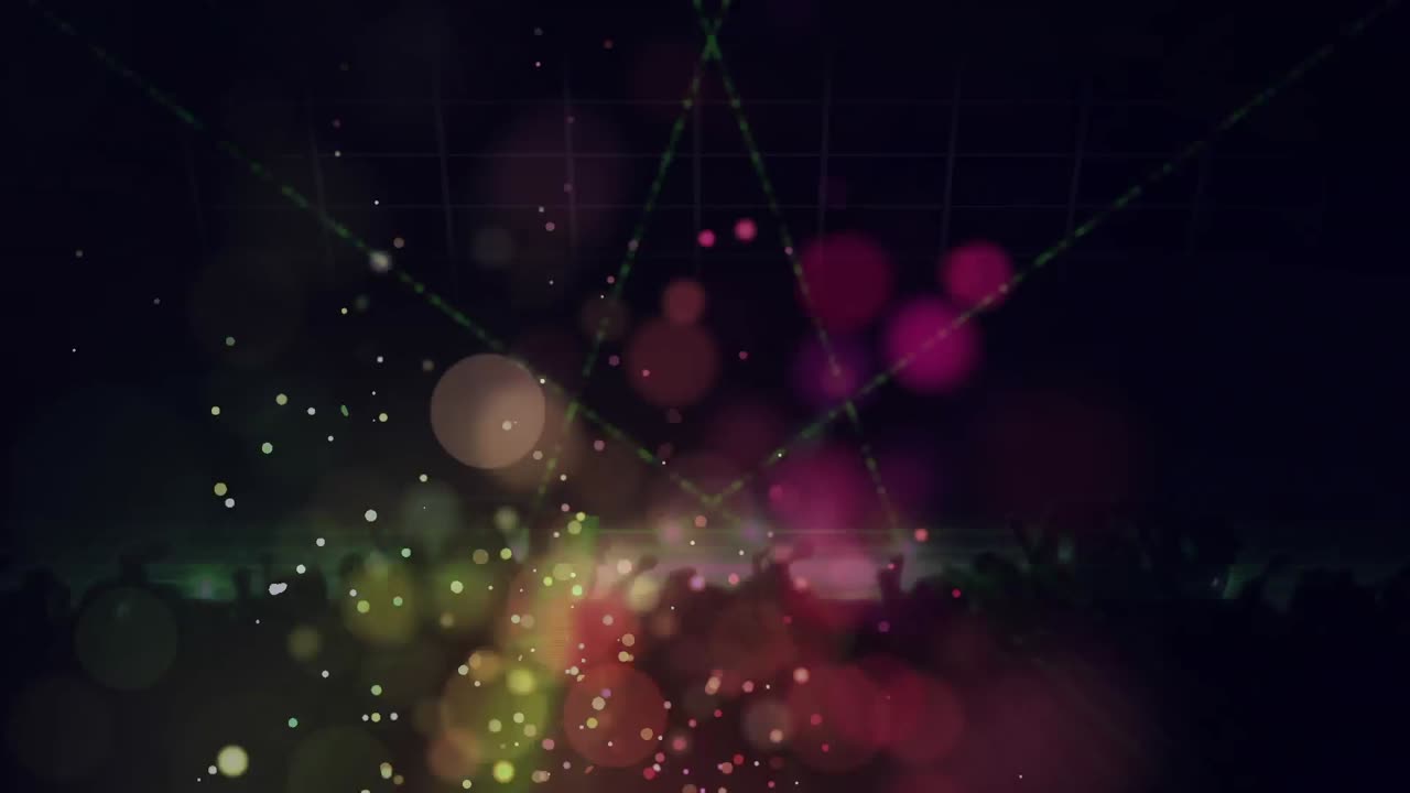 animación de puntos rojos, amarillos y rosados de luz sobre la multitud bailando