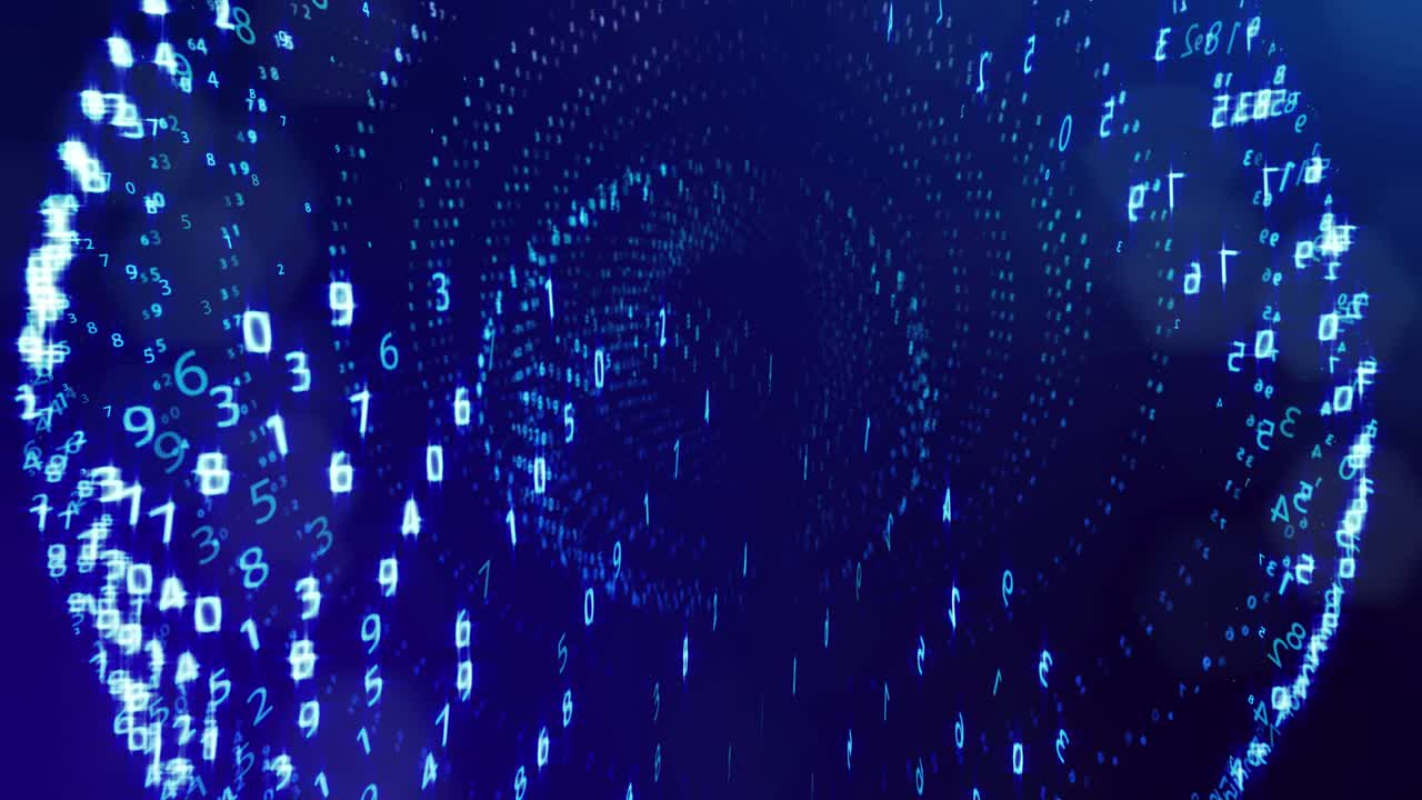 fondo de bucle 3d, concepto de procesamiento de datos digitales, cálculo y visualización de la computación. contadores de números en filas de líneas en esferas. información digital azul bg con números. bg de ciencia ficción.