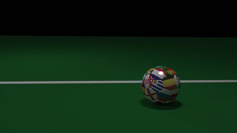 soccer ball with flags of countries of world cup soccer jumps and rolls crossing football goal line, 3d rendering, 4k prores footage.