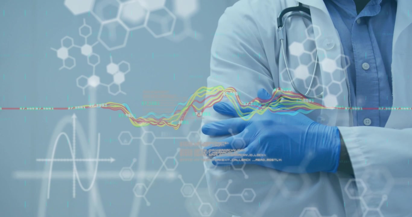 Seção média de médico contra estrutura de DNA e profissional de saúde em hospital.