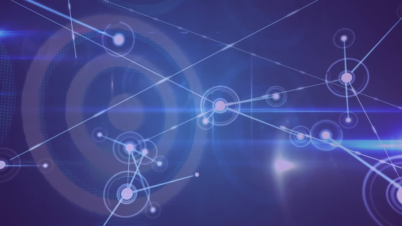 animación de puntos conectados con líneas sobre luces de lente y círculos contra un fondo abstracto