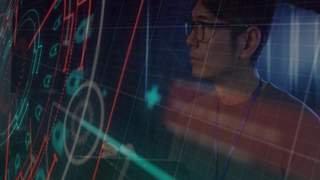 Data engineer tapping tablet causing tech hologram showing rising red and green graphs for analysis