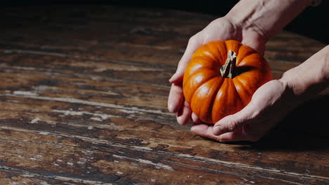 hands holding a small pumpkin on a rustic wooden table