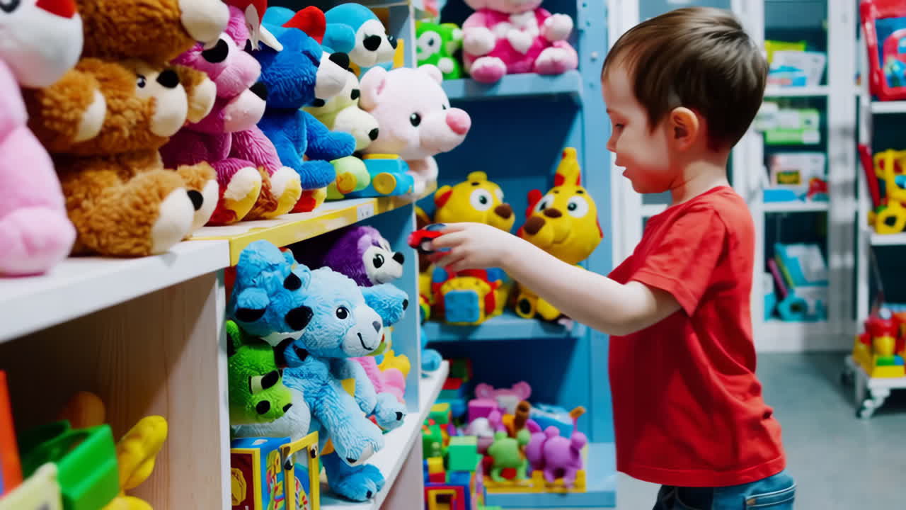 Young boy playing with a toy car in a vibrant toy store