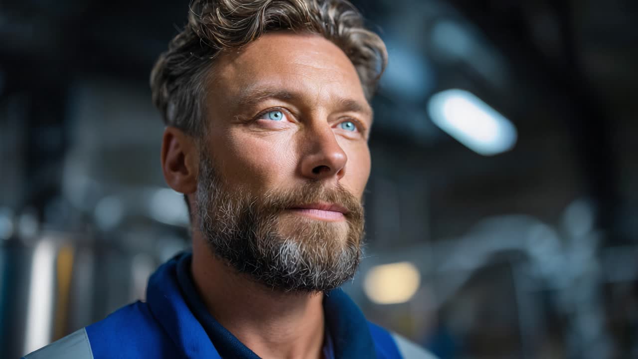 En tankefuld mand med fængslende blå øjne og et stilfuldt skæg, fordybet i tanker i et industrielt miljø, der repræsenterer fokus og beslutsomhed