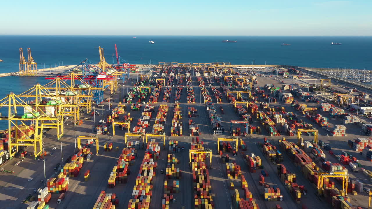 Port of Valencia aerial view sunset time thousands of containers on the quay