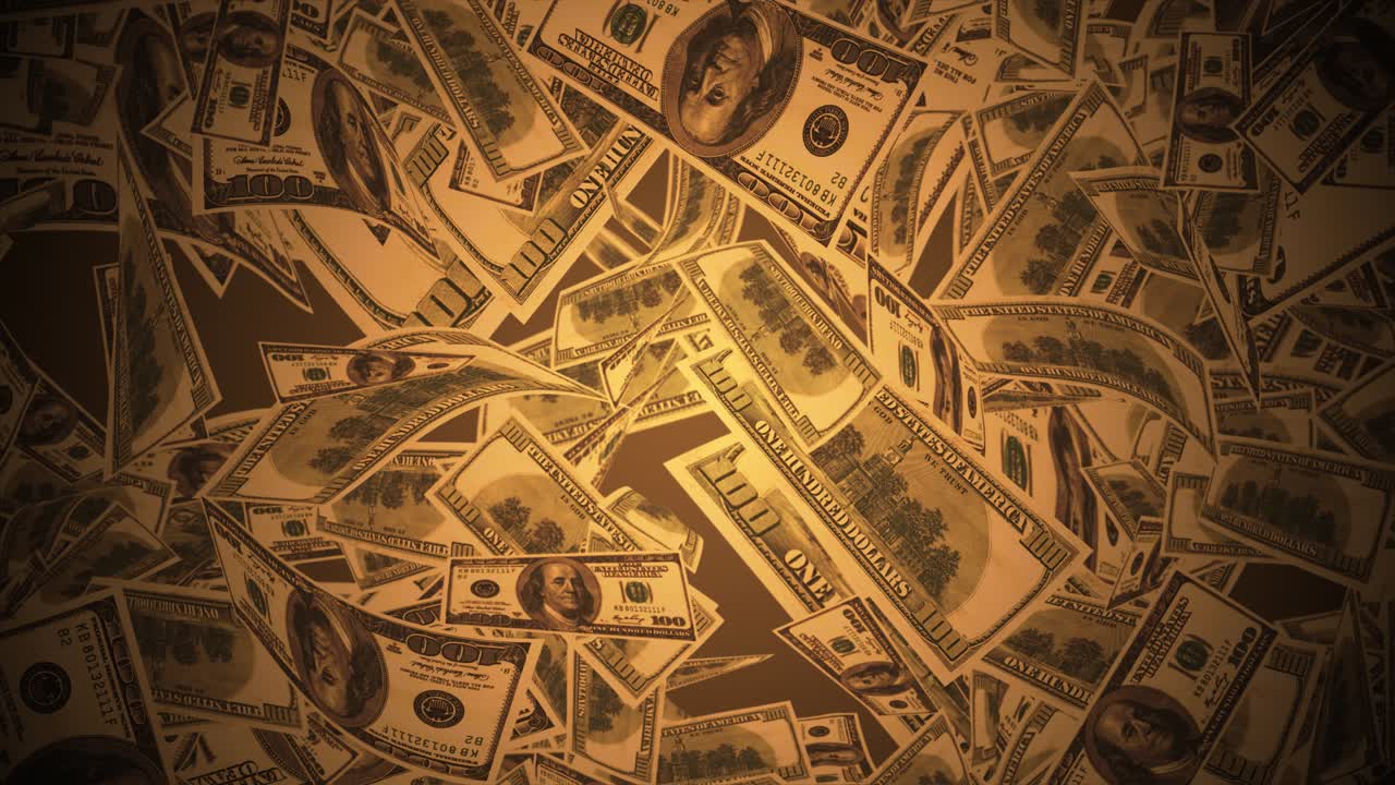 Pila di denaro, denaro che cade, concetto di finanza di banconote statunitensi isolate, banconote da cento dollari che volano