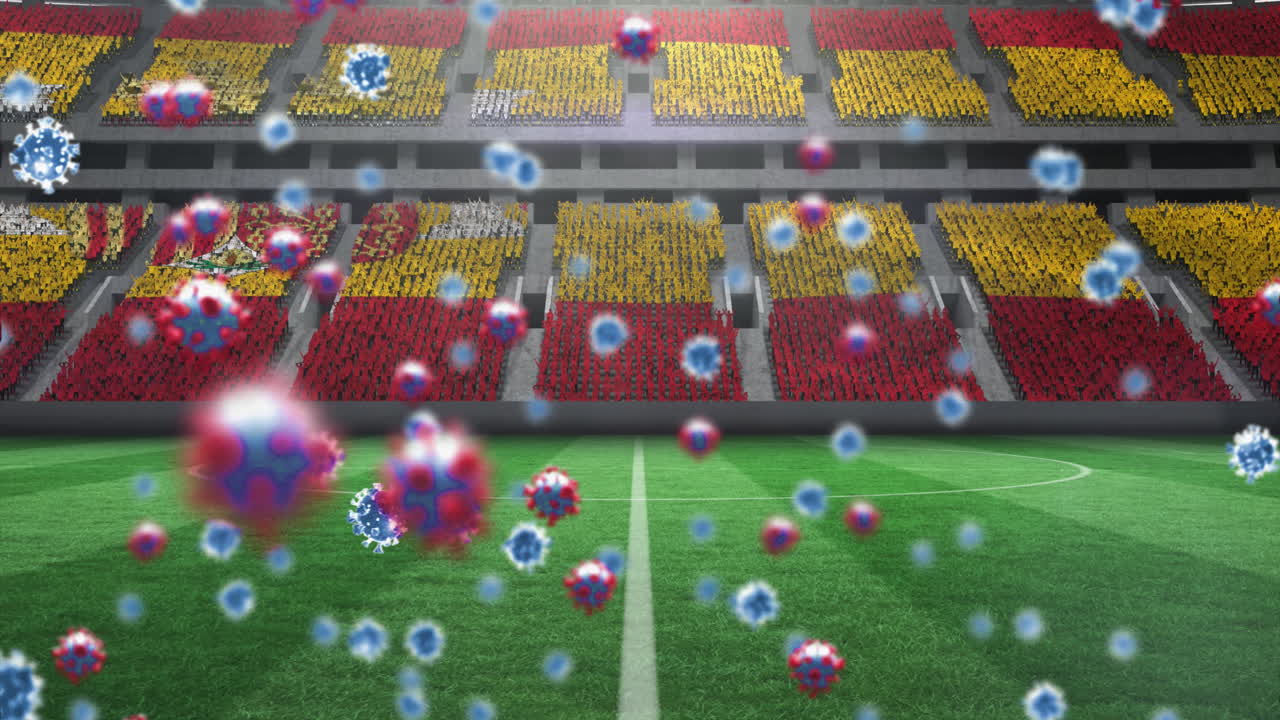 анимация клеток covid-19 над испанским флагом на пустом спортивном стадионе