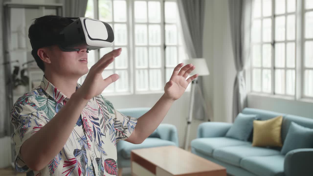 Man Experiencing VR Headset in Living Room