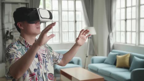 man experiencing vr headset in living room