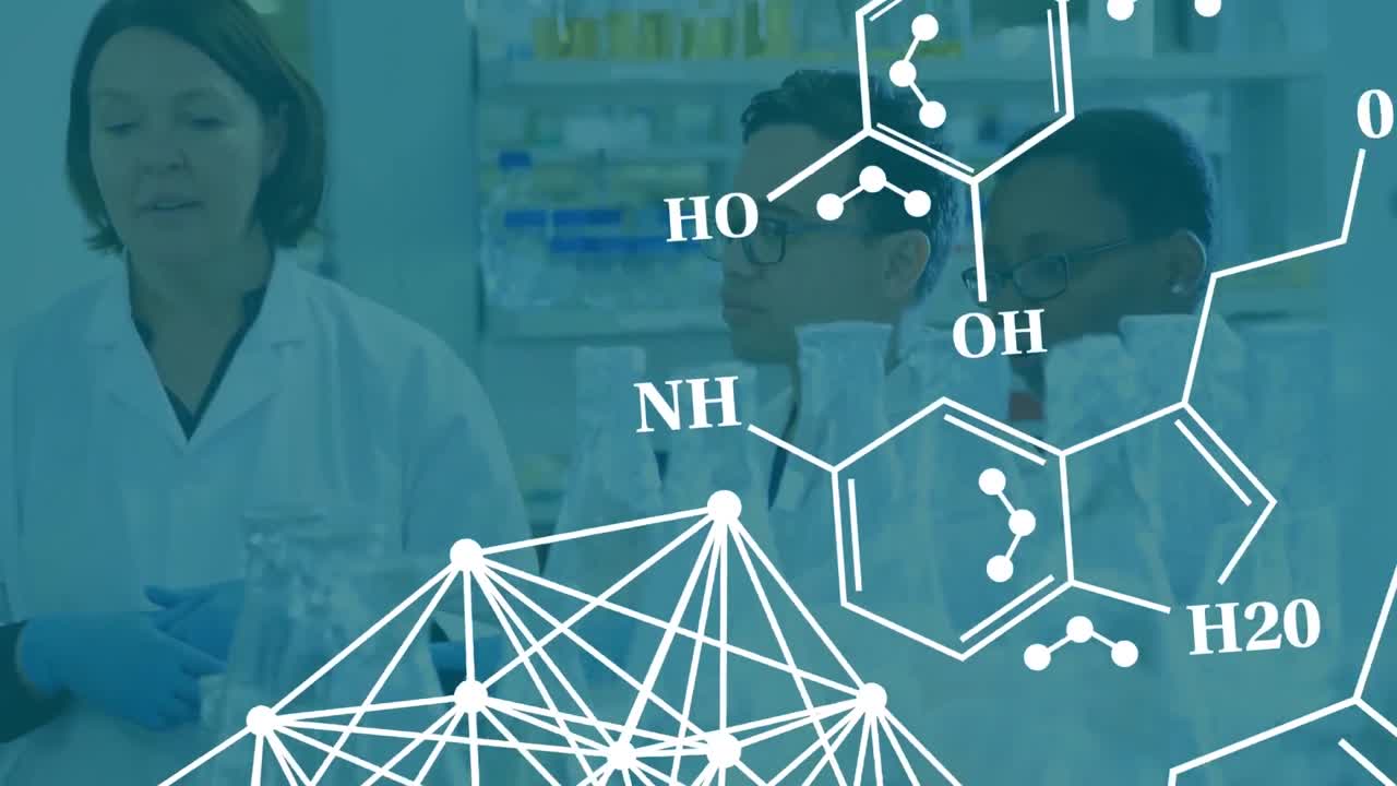 실험실에서 일하는 다양한 과학자들의 팀에 대항하는 화학 구조의 애니메이션