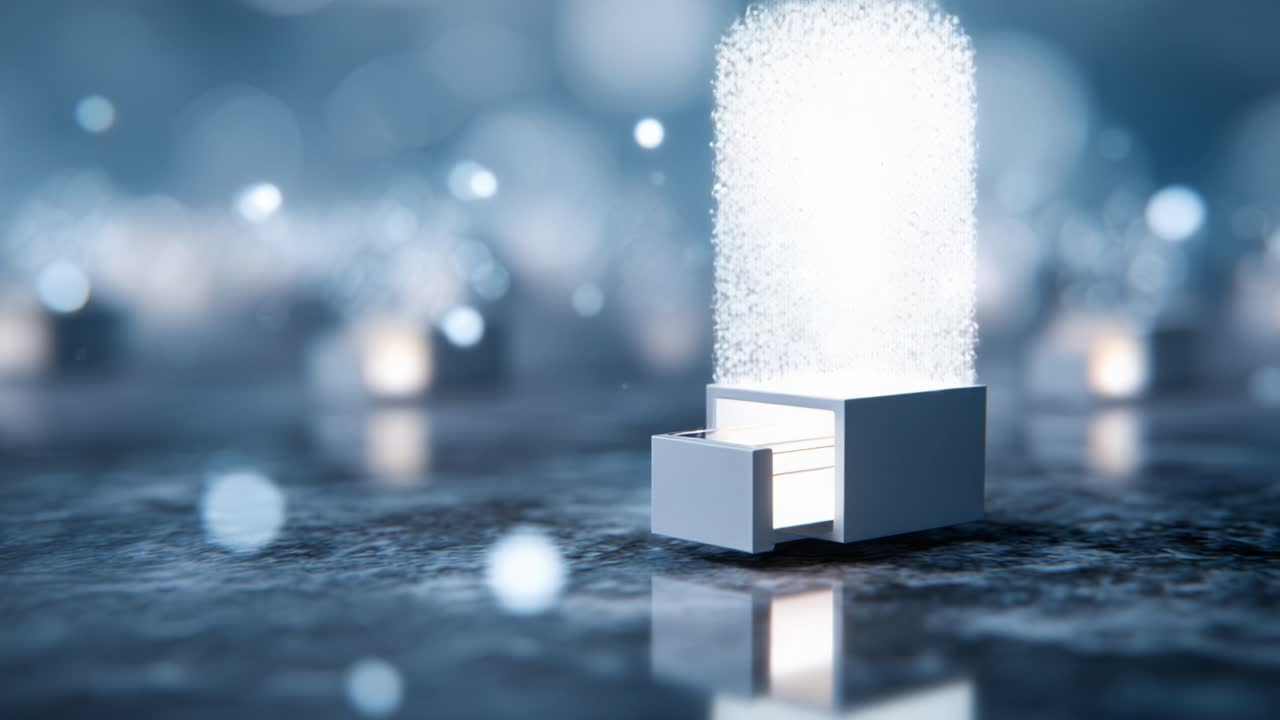 Un cassetto etereo che rivela un'emissione magica di luce e scintillio in un ambiente onirico, catturando le dinamiche della trasformazione mistica e dell'immaginazione