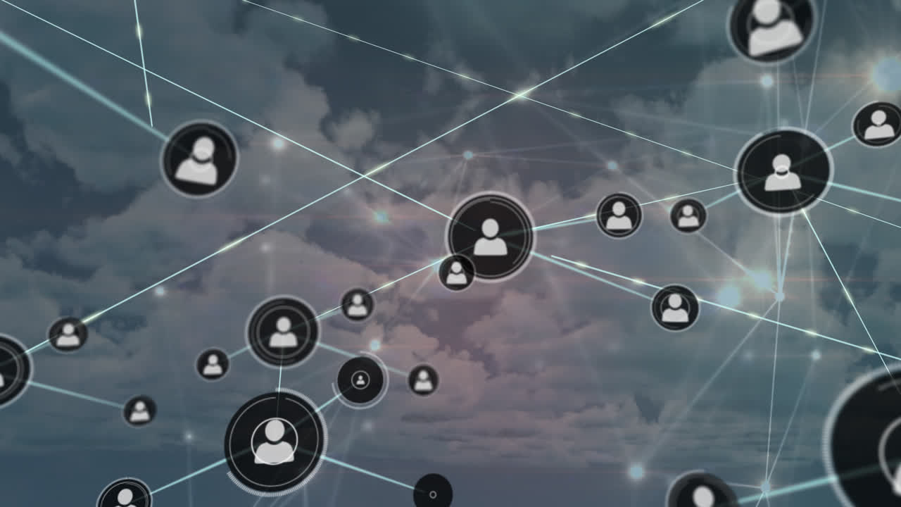 Animation of network of connections with people icons over sky and clouds