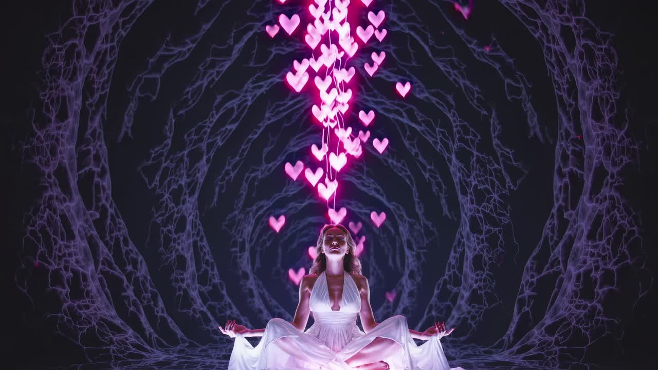 Serene female practitioner wearing elegant white dress meditating in lotus position, surrounded by cascading pink heart shapes within mystical dark purple lit cave environment