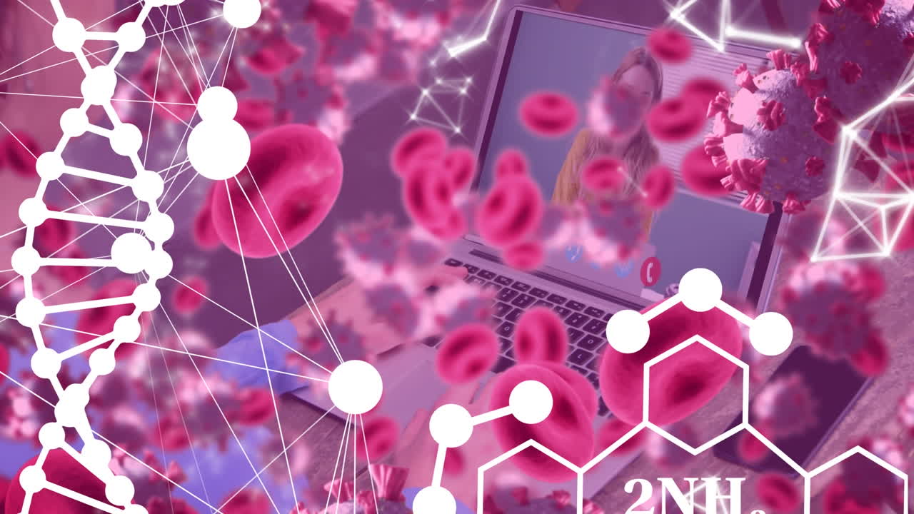 비디오 통화와 바이러스 세포를 가진 백인 여성에 대한 데이터 처리의 애니메이션