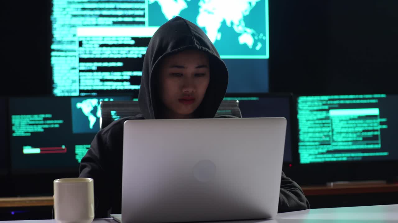 Asian Female Hacker In A Hood Drinking Coffee While Works On A Laptop With Maps And Data On Display Screens Of Multiple Monitors In A Dark Office Room