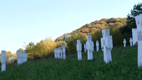 Graveyard with White Crosses on a Hillside