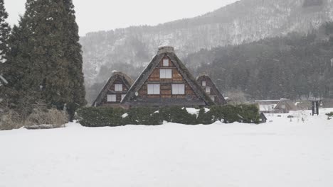 three traditional houses in the small traditional village of shirakawago, in the japanese alps