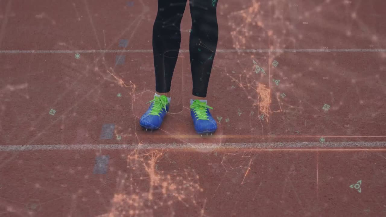 animación de líneas abstractas que se mueven sobre la sección baja de las piernas caucásicas que se estiran en el suelo