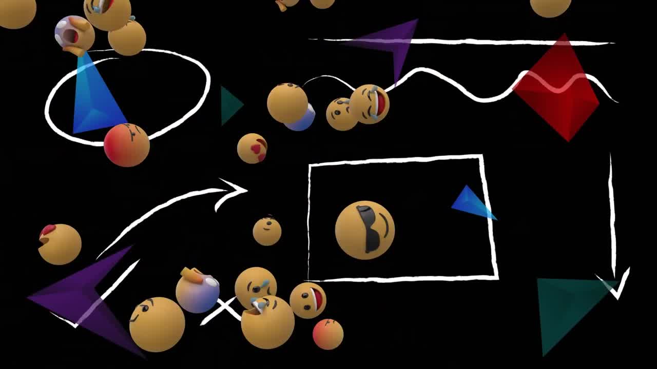 검은 바탕에 추상적인 다채로운 모양 위에 떠다니는 여러 얼굴 이모티콘의 디지털 애니메이션