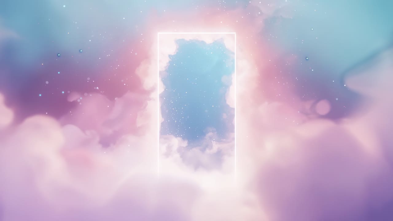 Rectangular portal appearing amid pastel clouds, drifting particles and glow intensifying