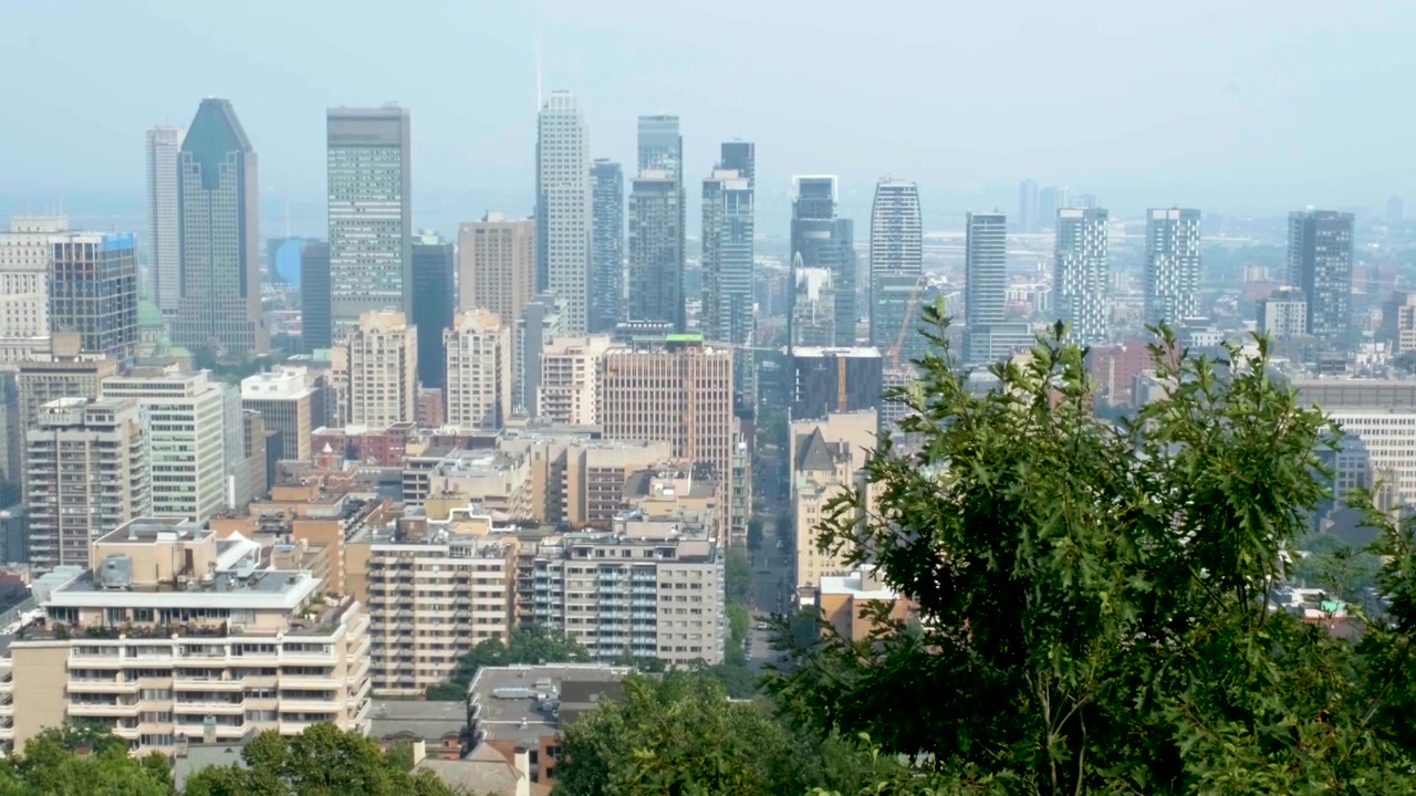 Torres e telhados da cidade criam um panorama urbano denso com vista para o centro de Montreal.