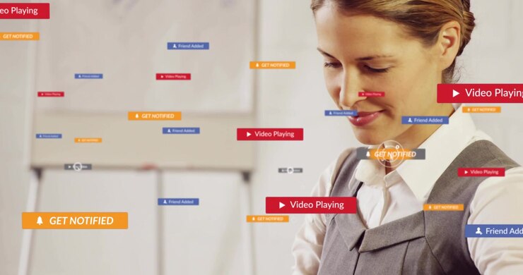 Woman tapping phone and typing on laptop, starting UI tags accumulating around hands for marketing