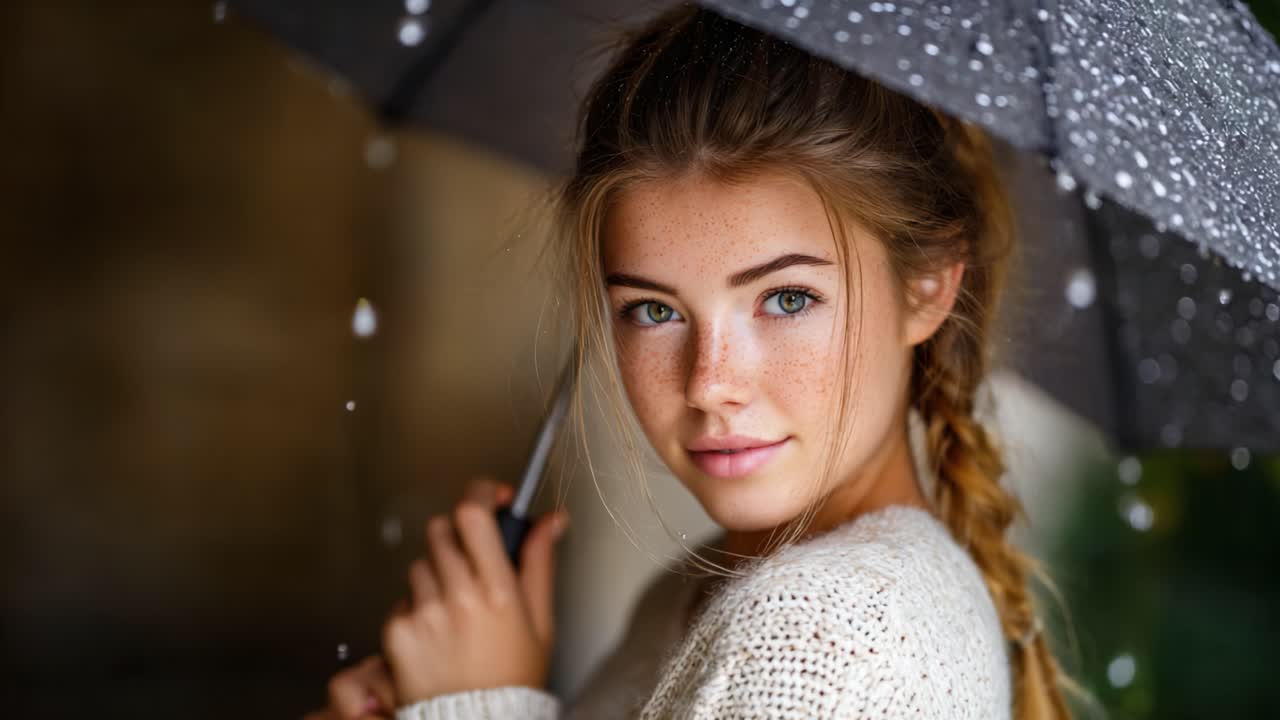 A Captivating Portrait of a Young Woman Under a Rainy Umbrella, Showcasing Stunning Features and a Vibrant, Radiant Smile Amidst Raindrops