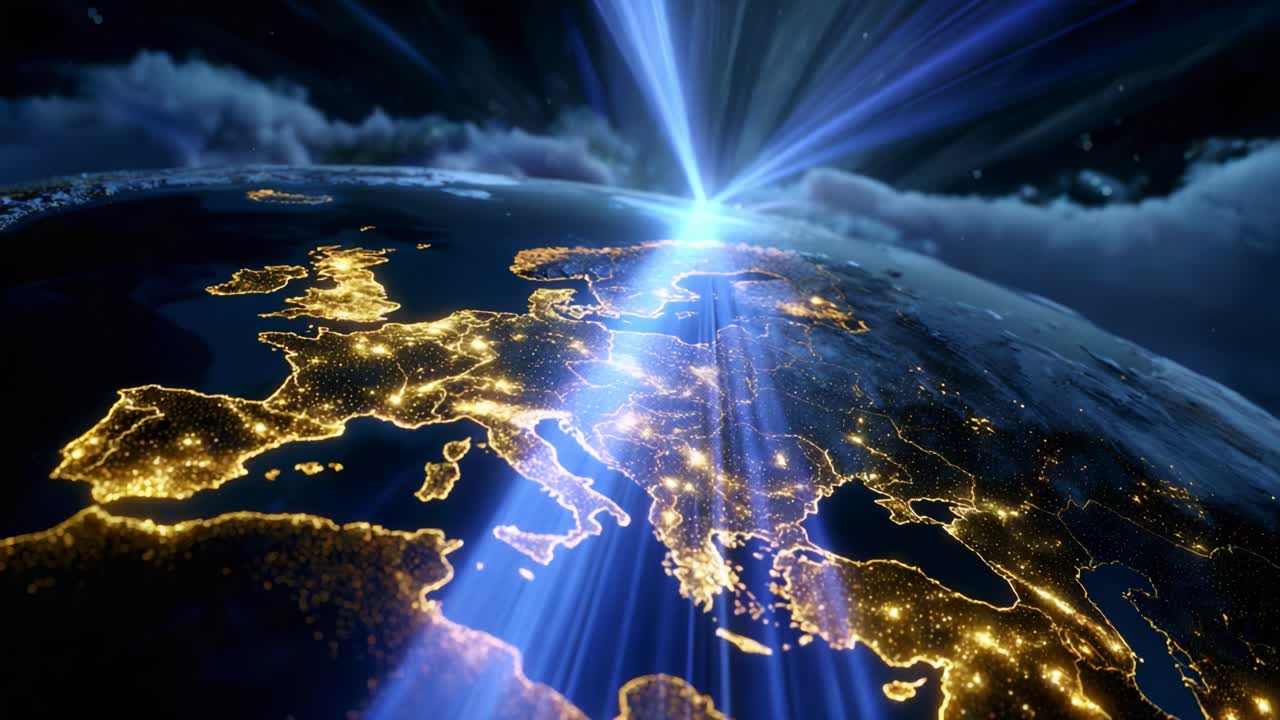 A Stunning Aerial View of Europe at Night, Illuminated by Twinkling City Lights and Striking Beams of Light Piercing Through the Clouds, Creating a Mesmerizing Cosmic Atmosphere and Captivating Visuals
