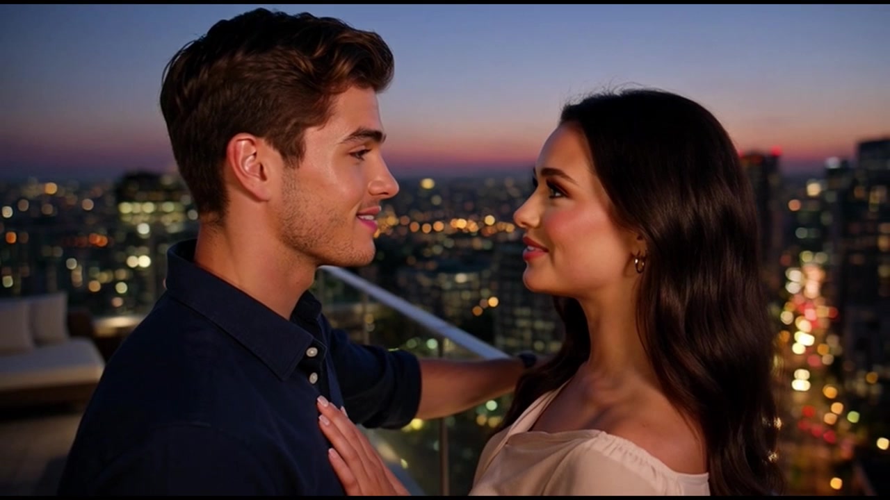 Giovane coppia che condivide un momento romantico su un tetto di città al tramonto.