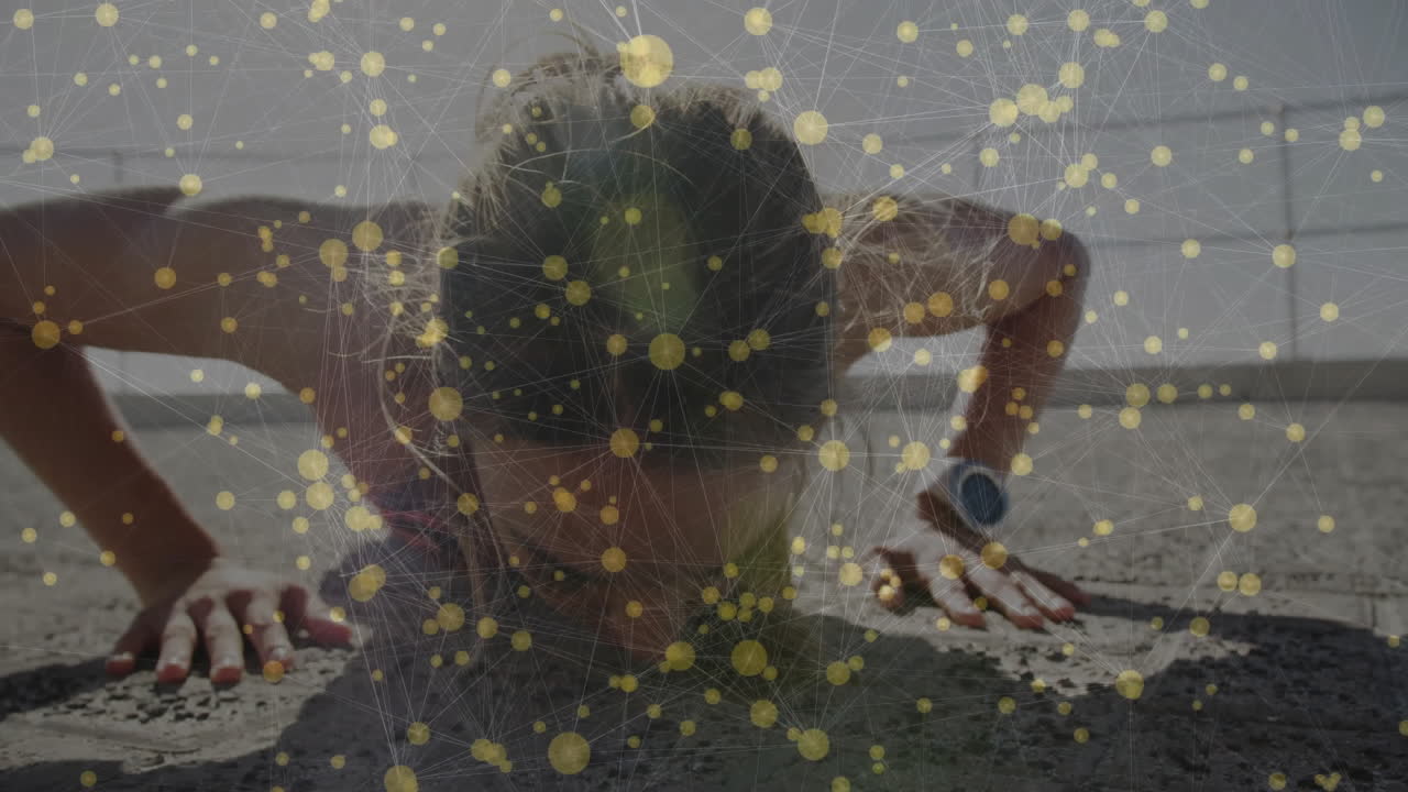 Doing push-ups, person with animation of network connections and data points overlay