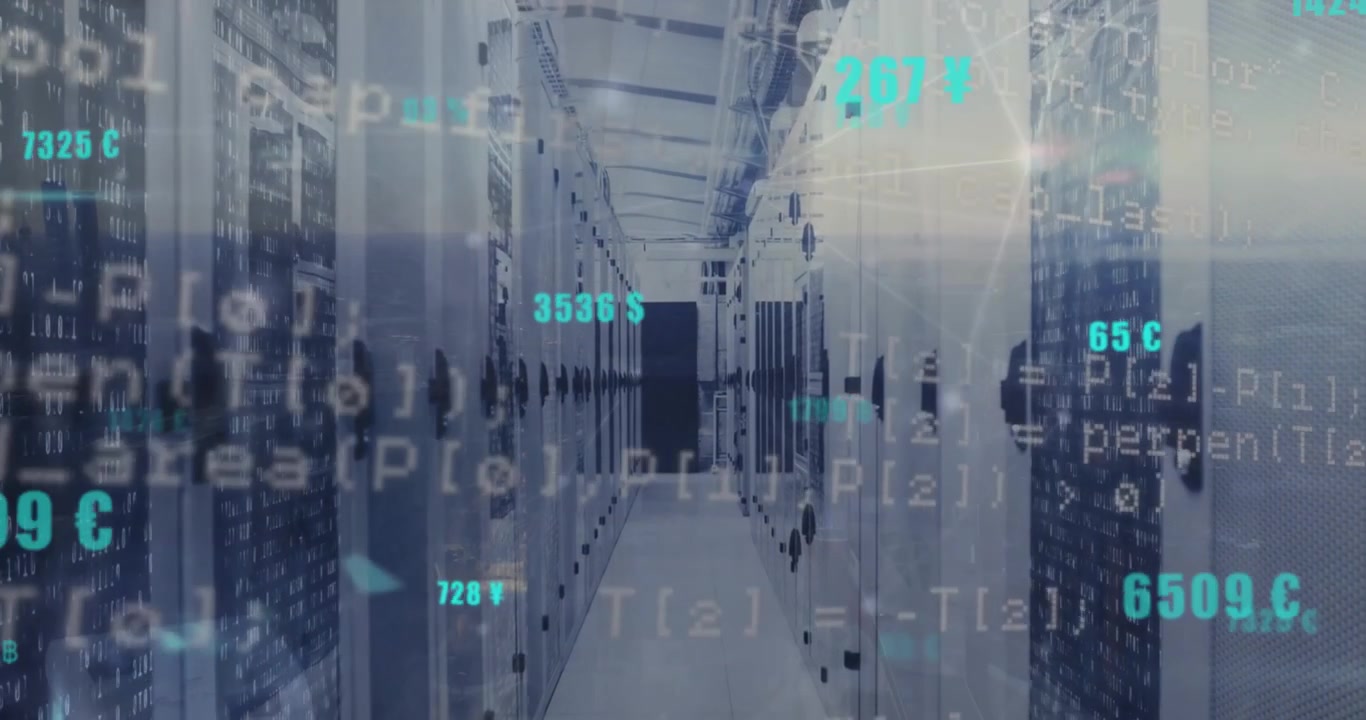 Animation of data processing and network of connections against computer server room