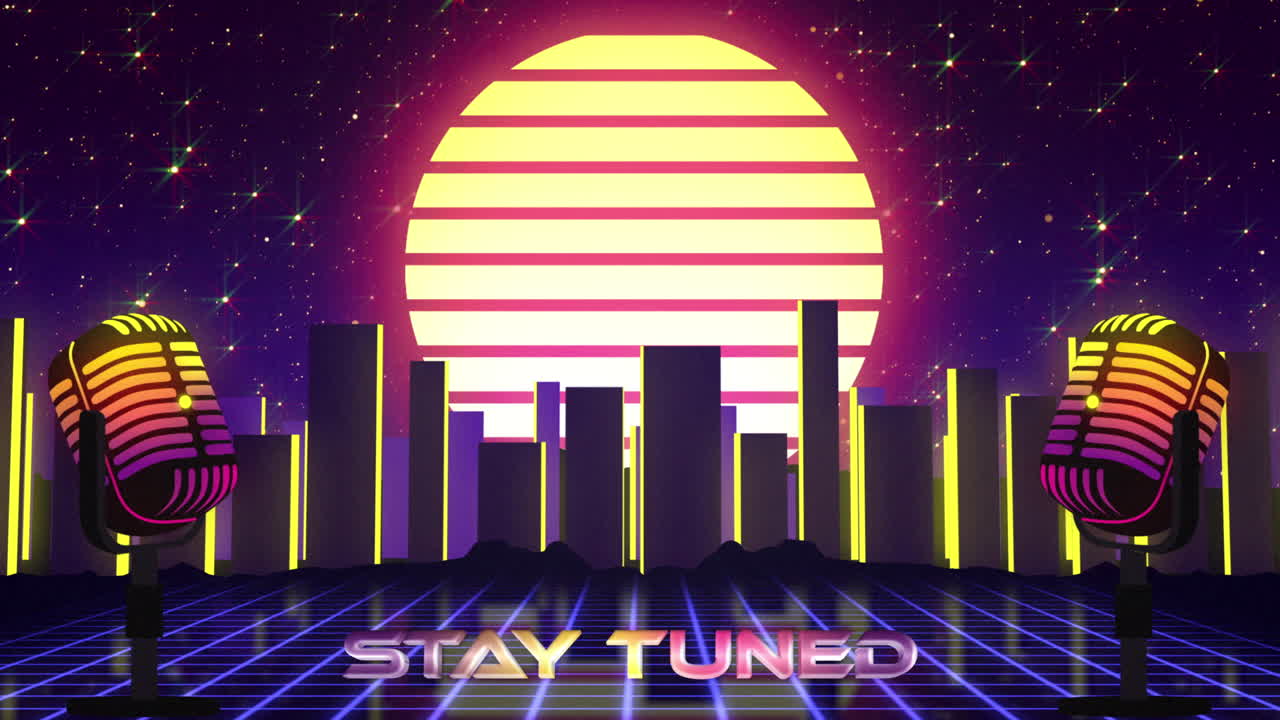 Sfondo Synthwave retrò con microfoni e testo Stay Tuned