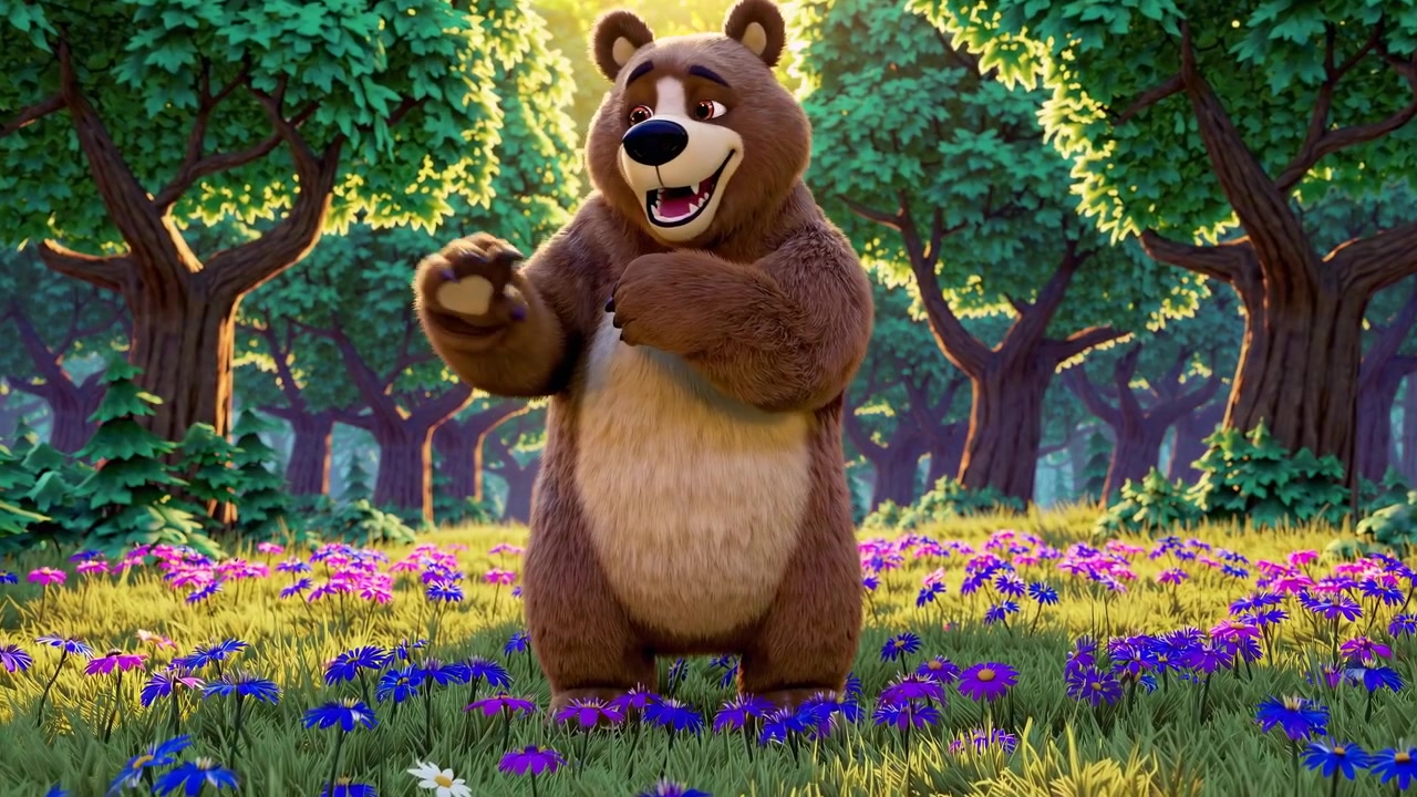 Urso animado e amigável acenando em uma clareira ensolarada na floresta