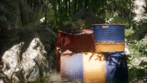 Rusty-barrels-in-green-forest