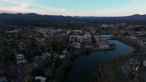 Drone-aerial-shot-of-napa-river-in-napa,-California-at-dusk