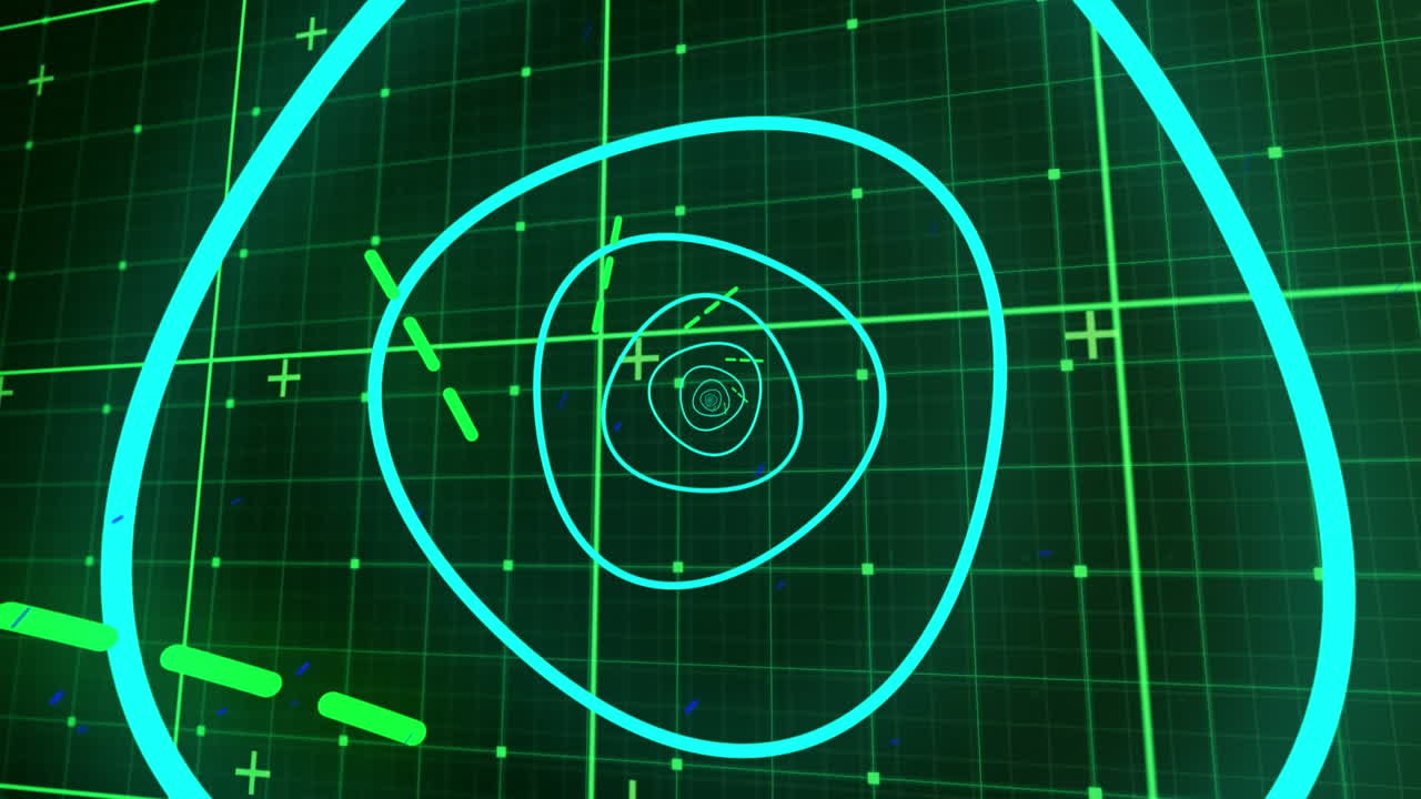 흑색 배경에 대한 격자 패턴 위의 조명 터널의 선의 애니메이션