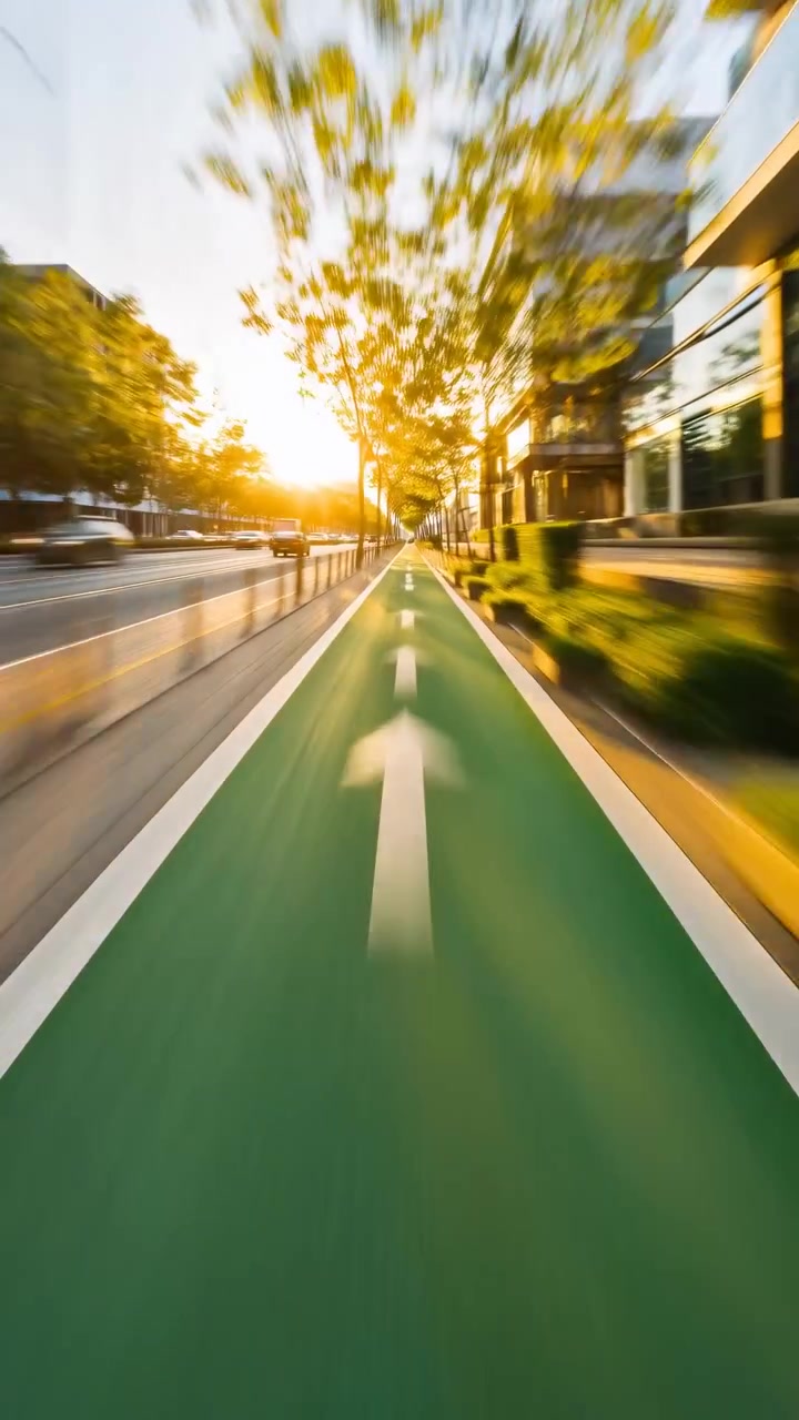 Un rapido movimento in avanti continua attraverso una pista ciclabile urbana alberata, mentre auto ed edifici sfocano su entrambi i lati, e una bassa luce solare dorata brilla in avanti sul pavé verde.