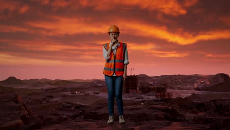 cuerpo lleno de ingeniera asiática con casco de seguridad haciendo el gesto shh mientras está de pie en el sitio de construcción, maquinaria de minería